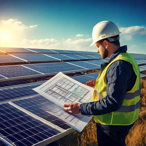 engineer looking at drawings of a photovoltaic power plant with solar panels